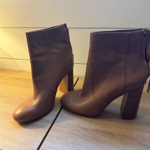 French Connection Tan Brown Leather Block-Heel Ankle Boots